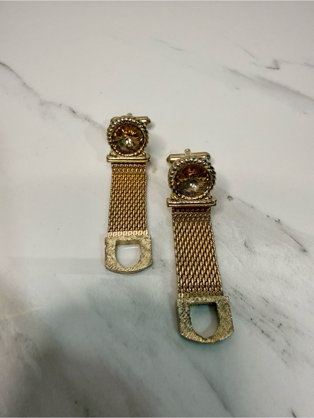 Gold Tone Mesh Cufflinks with Faceted Crystal Accent - Picture 6 of 10